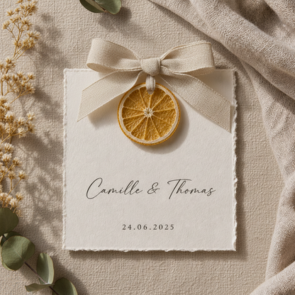 Carte invité mariage artisanale sur tranche d'orange séchée avec ruban champagne personnalisée — The Originea Provence