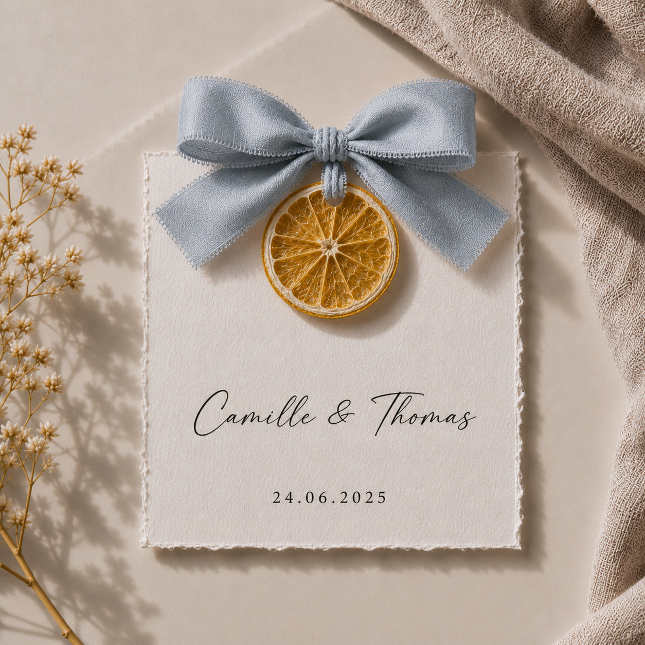 Handgefertigte Gastkarten auf getrockneten Orangen – personalisiert für die Hochzeit | The Originea