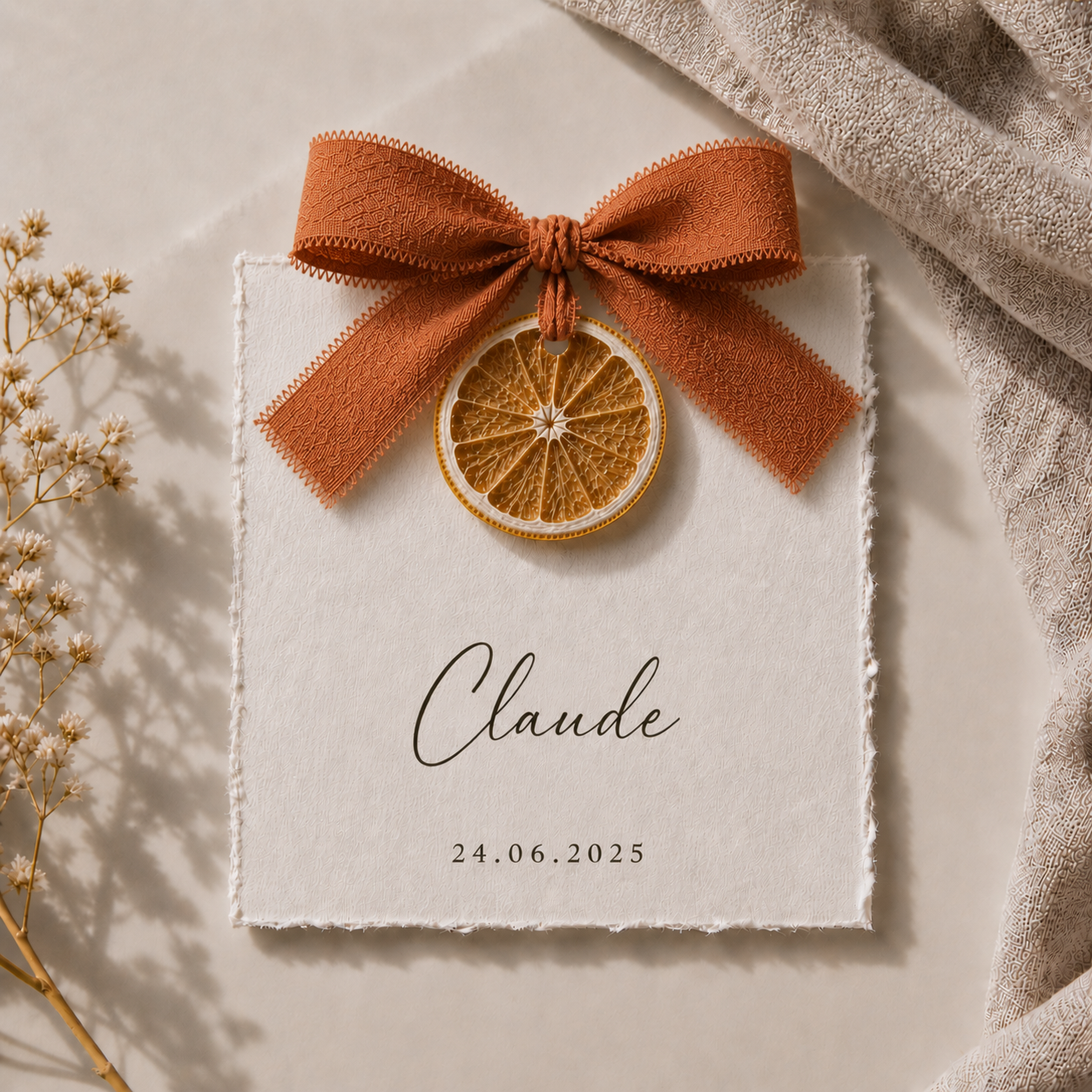 Carte invité mariage artisanale sur tranche d'orange séchée avec ruban terracotta personnalisée — The Originea Provence