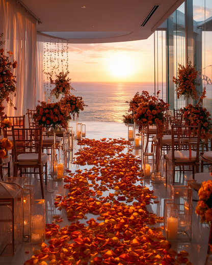 Cérémonie coucher de soleil avec pétales de rose orange vue mer | The Originea