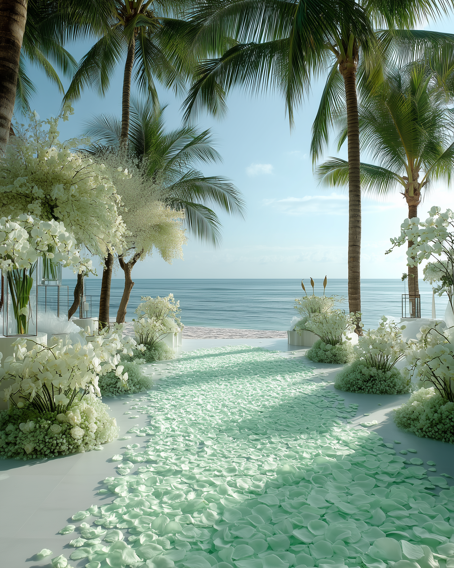 Cérémonie de mariage tropical avec pétales de rose vert menthe séchés sur allée | The Originea