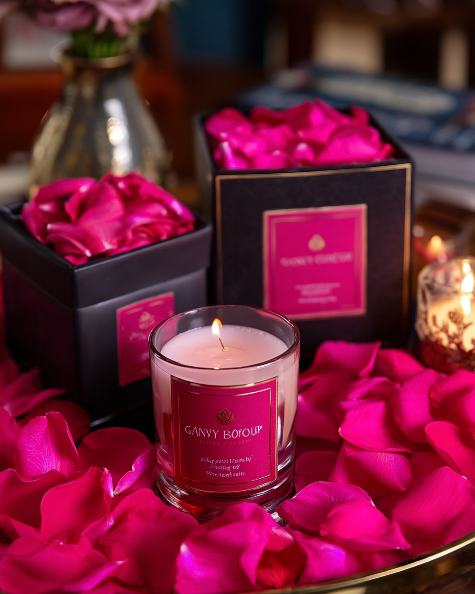 Coffret et bougie The Originea sur lit de pétales de rose cerise foncé — confettis mariage de luxe