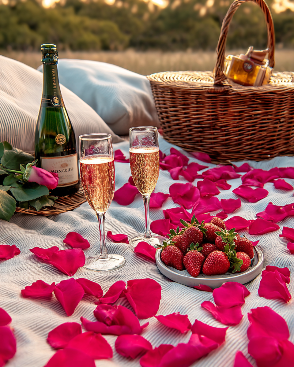 Pique-nique romantique au coucher du soleil — champagne, fraises et pétales de rose cerise foncé | The Originea
