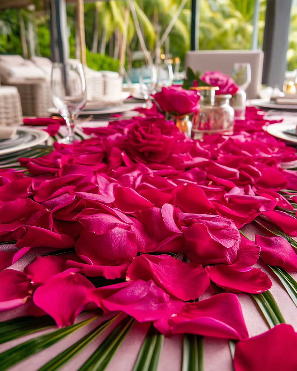 Table de mariage tropicale décorée d'un chemin de pétales de rose cerise foncé | The Originea