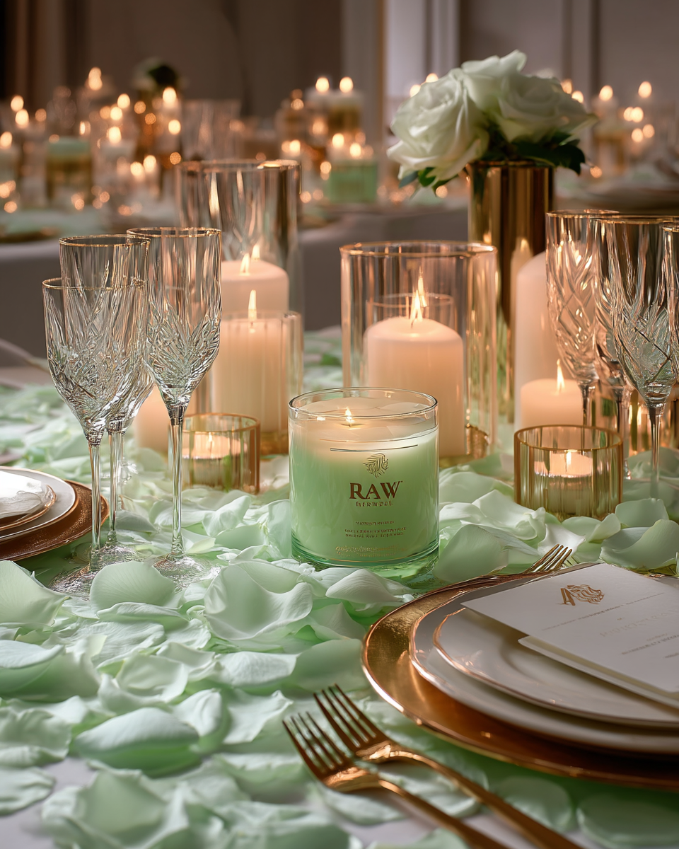 Chemin de table de mariage luxe avec pétales de rose vert menthe séchés | The Originea