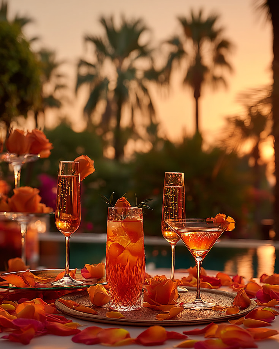 Cocktail au coucher de soleil avec pétales de rose orange séchés | The Originea