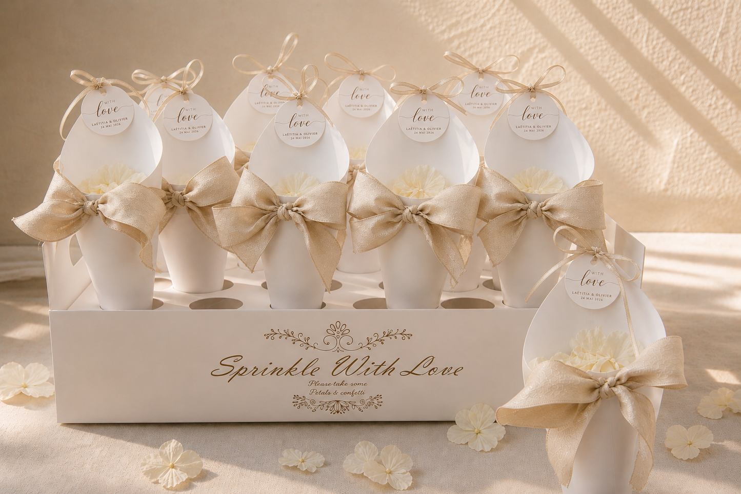 Coffret cornets confettis mariage rubans champagne doré et sticker logo personnalisé — The Originea Provence