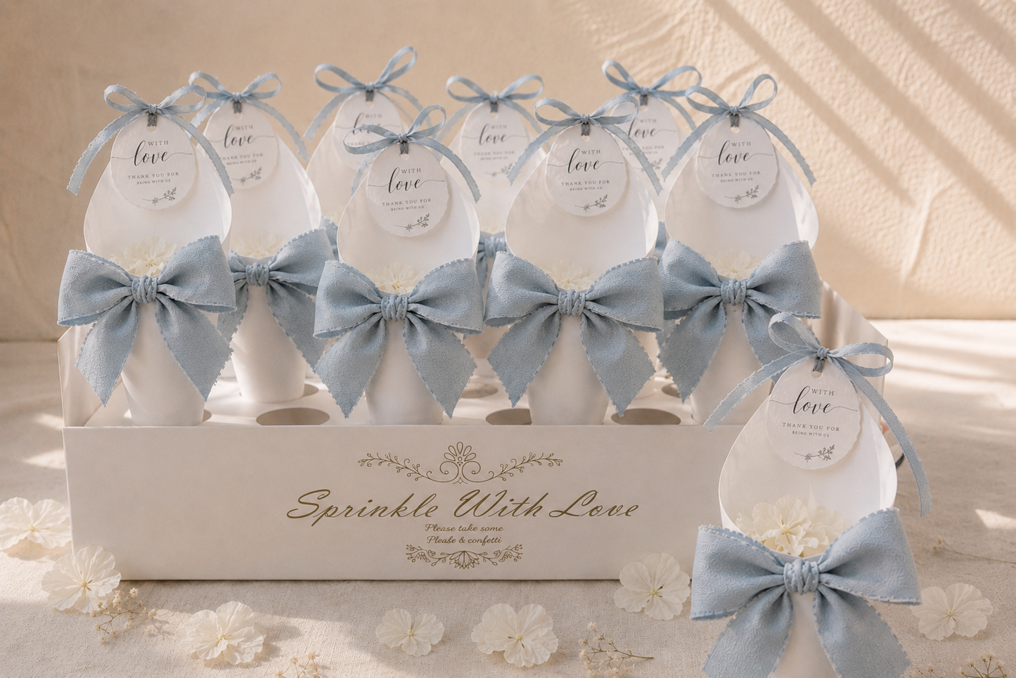 Coffret cornets confettis mariage rubans gris bleu et sticker logo personnalisé — The Originea Provence