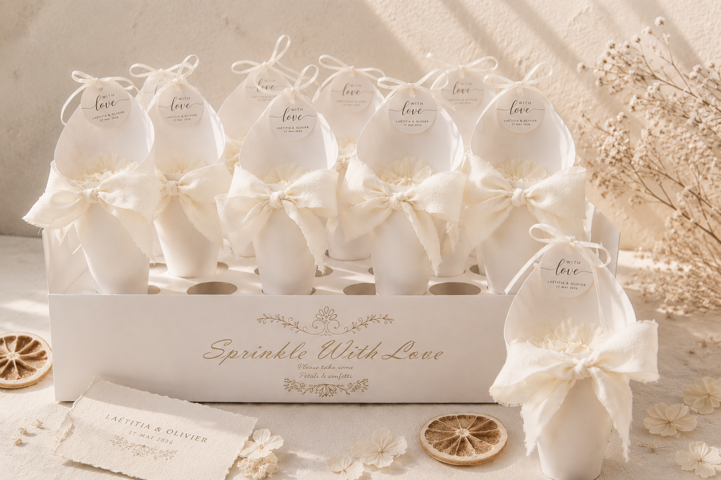 Coffret cornets confettis mariage rubans ivoire avec carte de personnalisation prénoms et date — The Originea