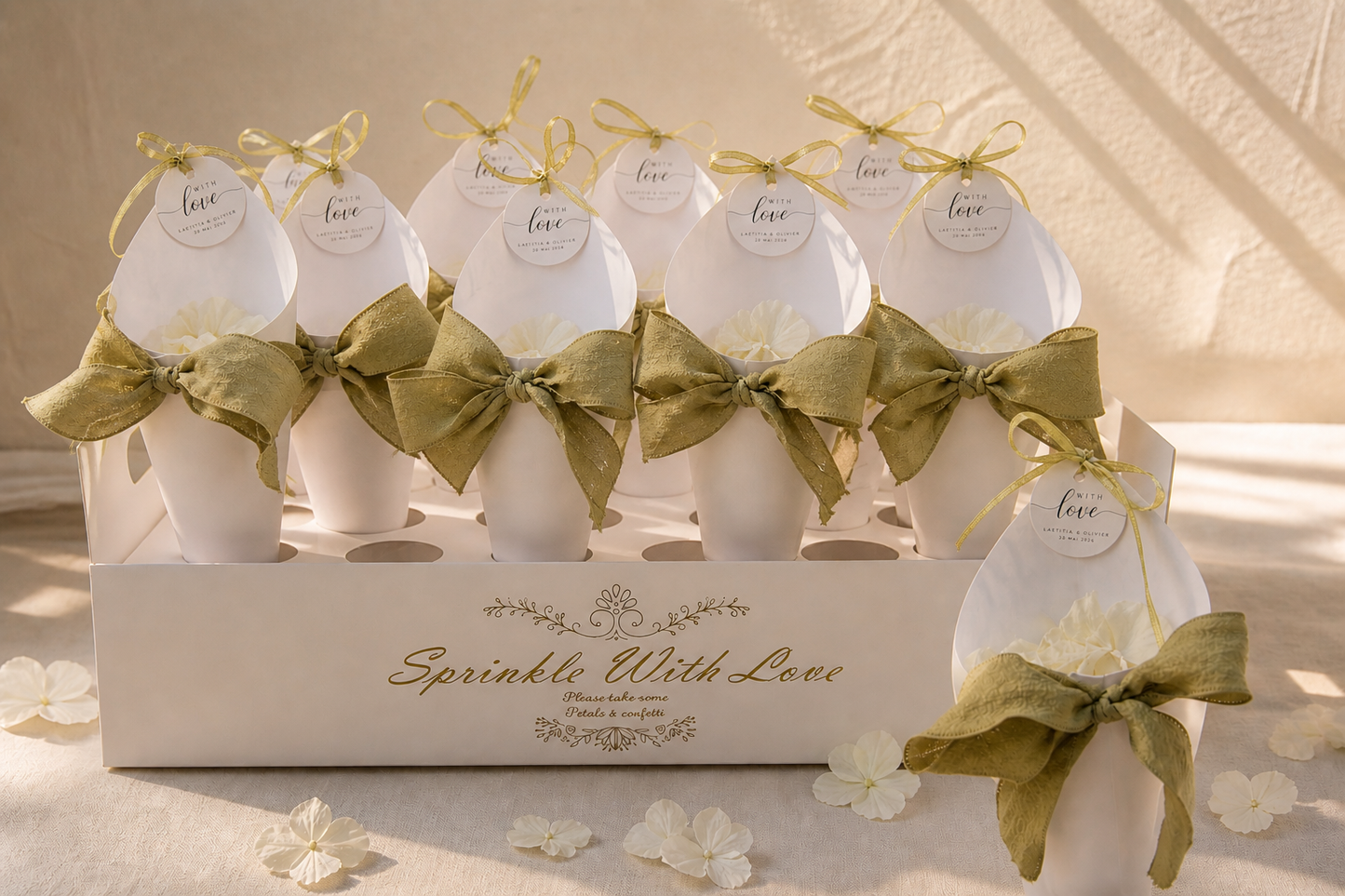 Coffret cornets confettis mariage rubans vert olive et sticker logo personnalisé — The Originea Provence