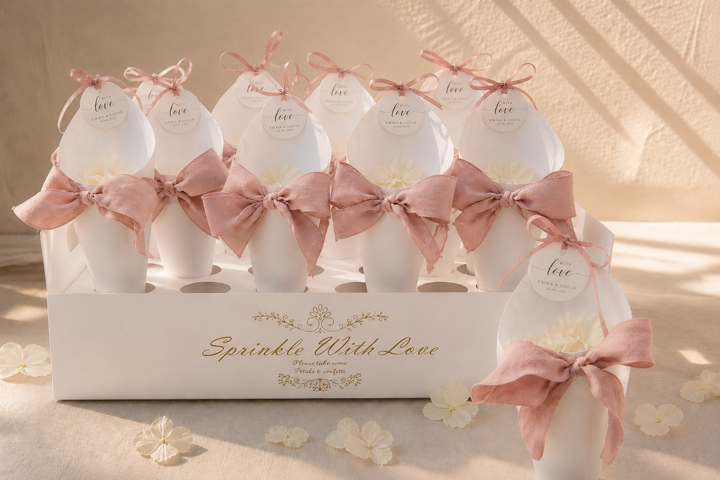 Coffret cornets confettis mariage artisanaux avec rubans vieux rose et sticker logo personnalisé — The Originea