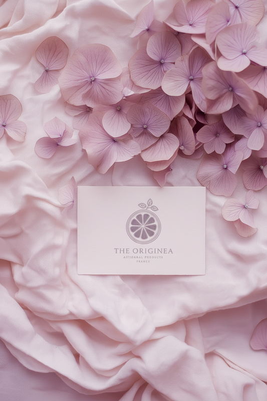 Pétales d'hortensias lavande séchés sur lin ivoire avec carte The Originea — confettis mariage naturels