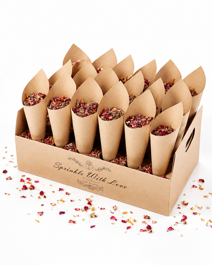 Cônes à confettis kraft garnis de pétales de rose séchés dans leur présentoir, ambiance mariage | The Originea