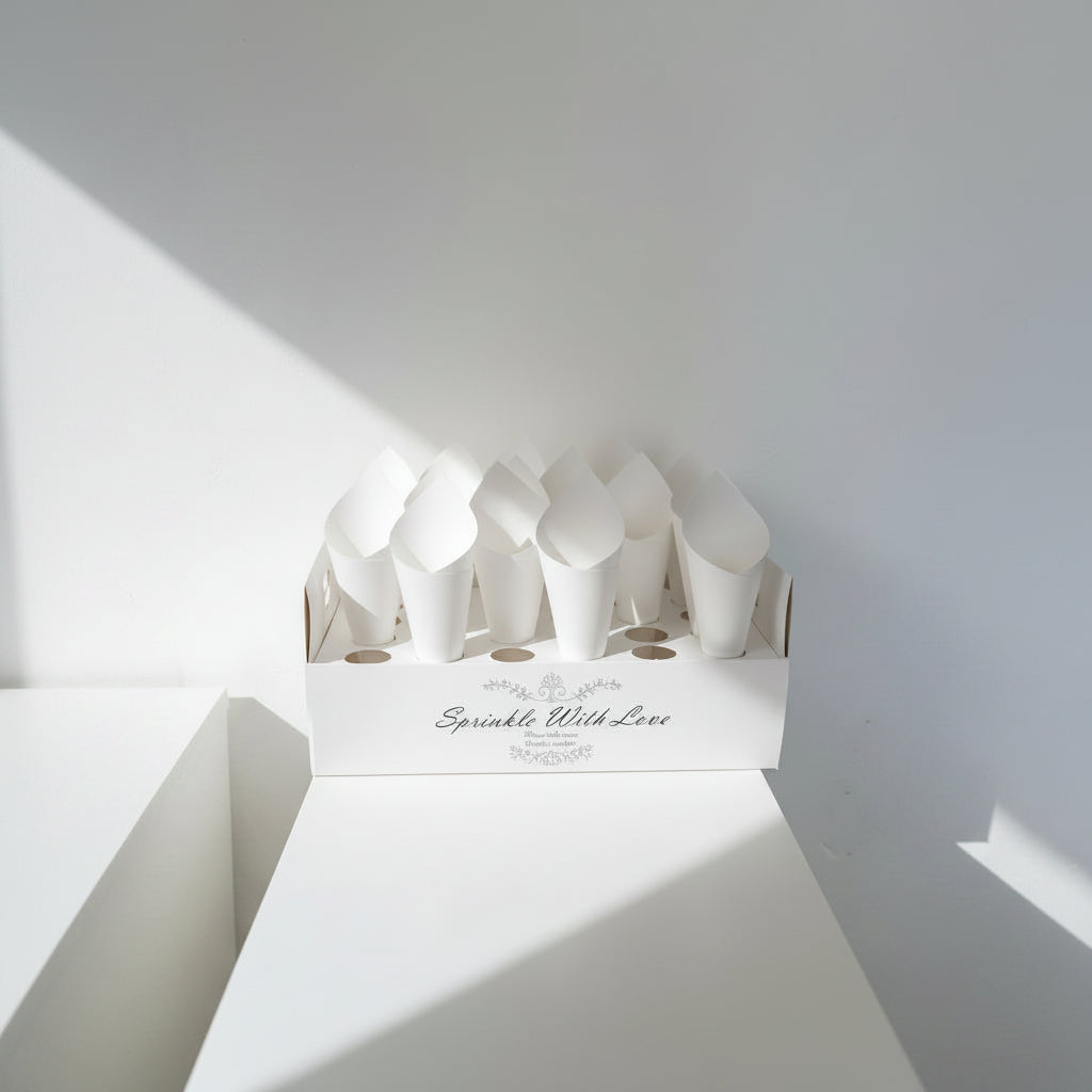 Lot de cônes à confettis en papier présentés dans un présentoir, mise en situation mariage | The Originea