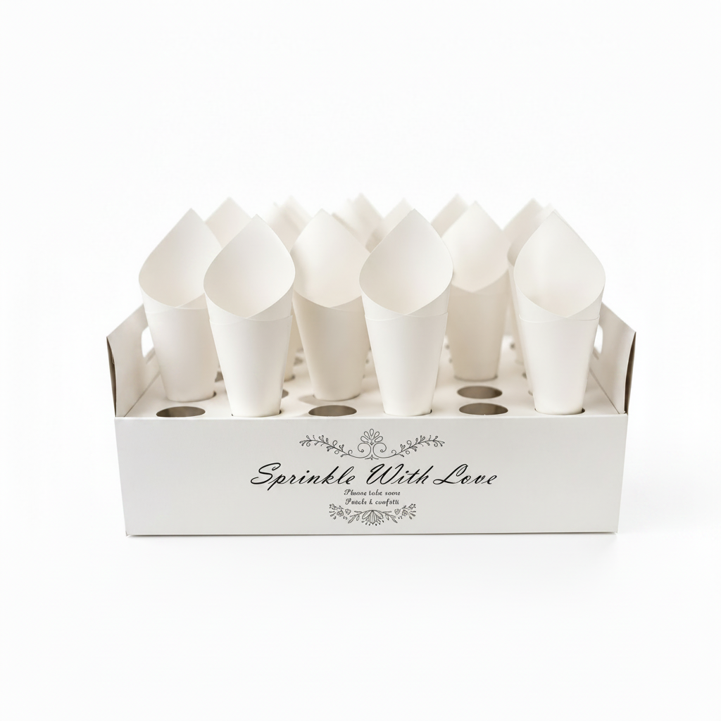 Cônes à confettis blancs présentés dans leur présentoir carton « Sprinkle With Love », mariage | The Originea