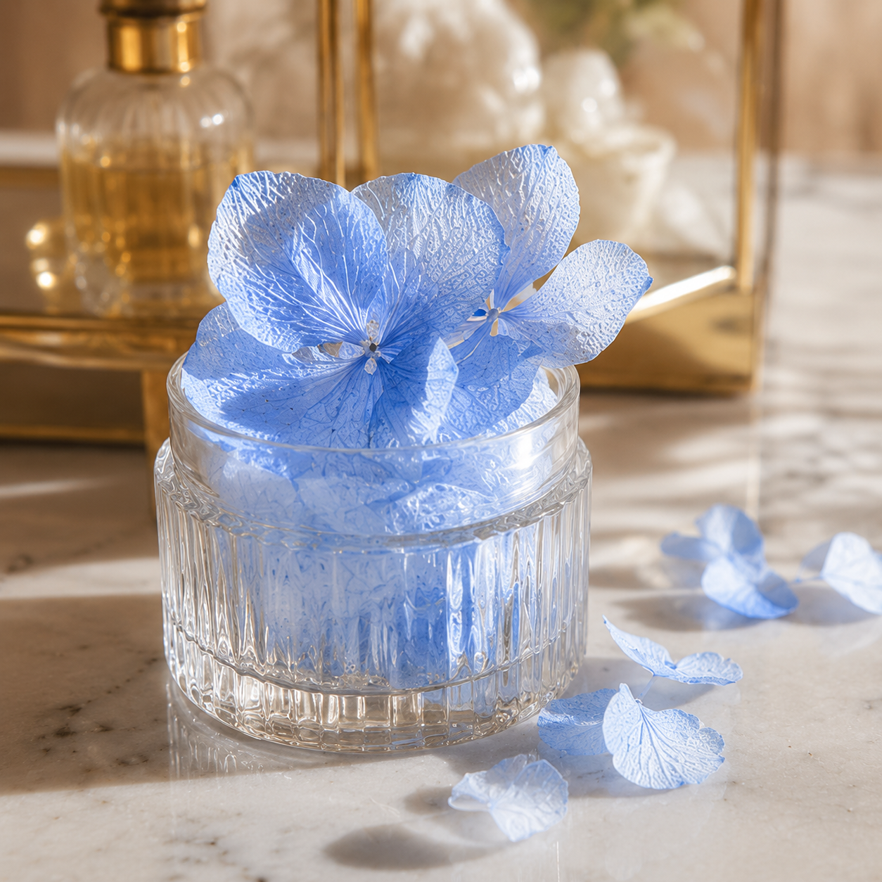 Fleurs d'hortensias bleu clair dans un pot en verre sur marbre — décoration et confettis mariage naturels The Originea