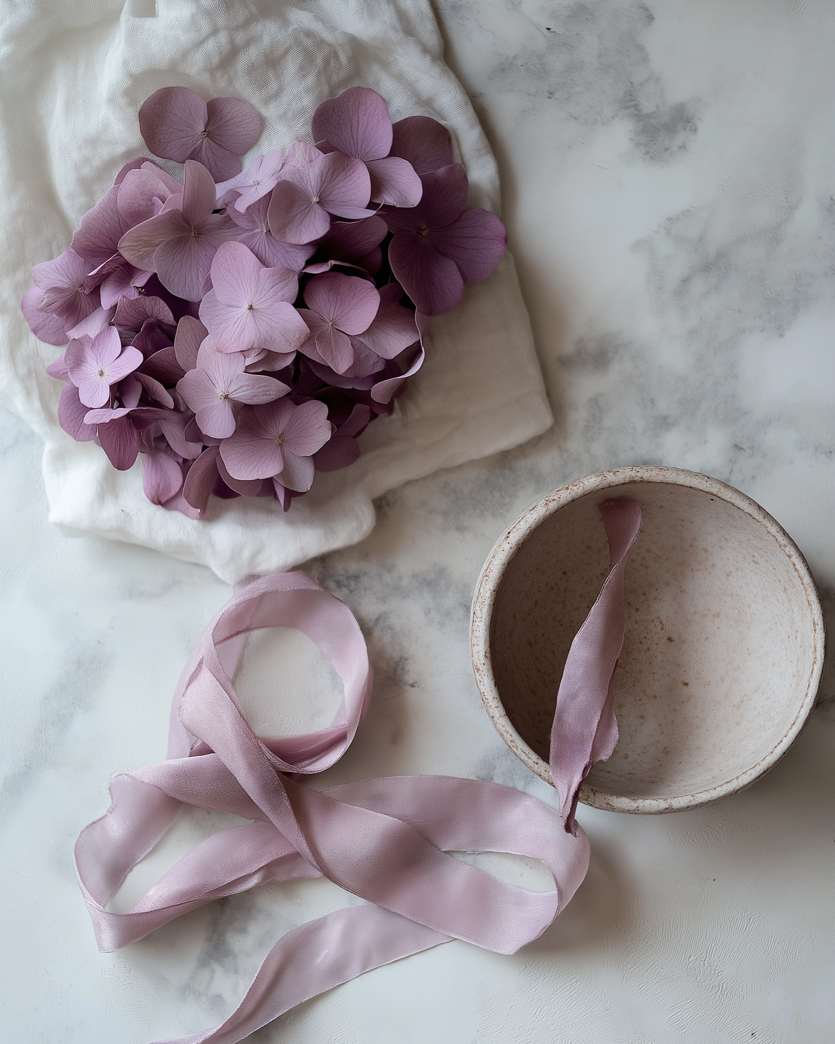 Hortensias lavande séchés sur lin avec carte The Originea — confettis biodégradables Provence