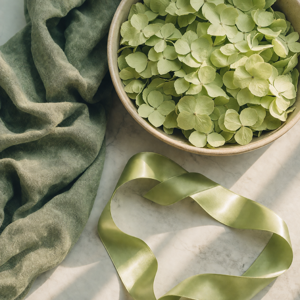 Hortensias vert séchés sur lin avec carte The Originea — confettis biodégradables Provence