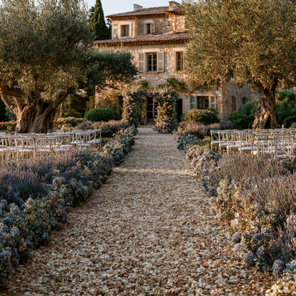 Allée de cérémonie décorée de pétales séchés lavande et blanc — domaine Provence | The Originea