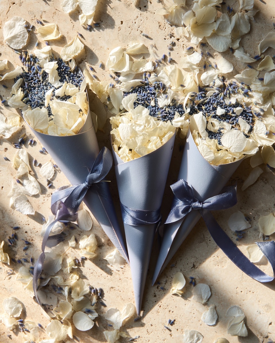 Cônes de confettis lavande & hortensia blanc pour lancer de cérémonie | The Originea