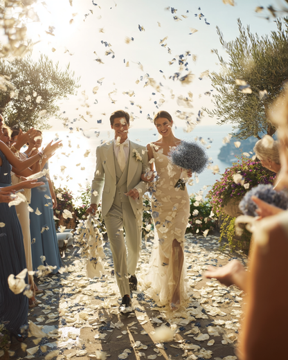Mariés sous une pluie de confettis lavande et hortensia blanc — sortie cérémonie | The Originea