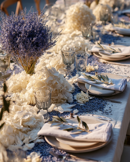 Table de mariage décorée de pétales d'hortensia blanc et lavande séchés — runner floral Provence | The Originea