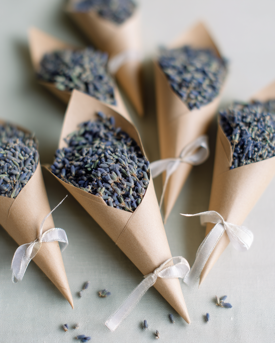Cônes en kraft remplis de confettis lavande pure AOP Provence, noués d'un ruban blanc — présentation mariage élégante et biodégradable | The Originea