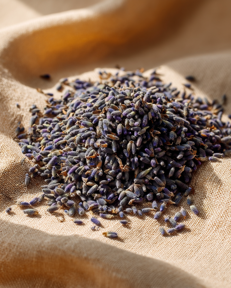 Tas de confettis lavande pure AOP Provence sur toile de jute — épis de lavande séchés violet intense, qualité artisanale | The Originea