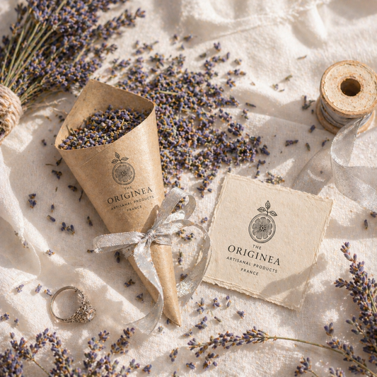 Confettis Mariage Lavande Pure The Originea — Flat lay romantique épis de lavande AOP Provence 100% naturels sur lin blanc, cône kraft et ruban argenté, mariage champêtre