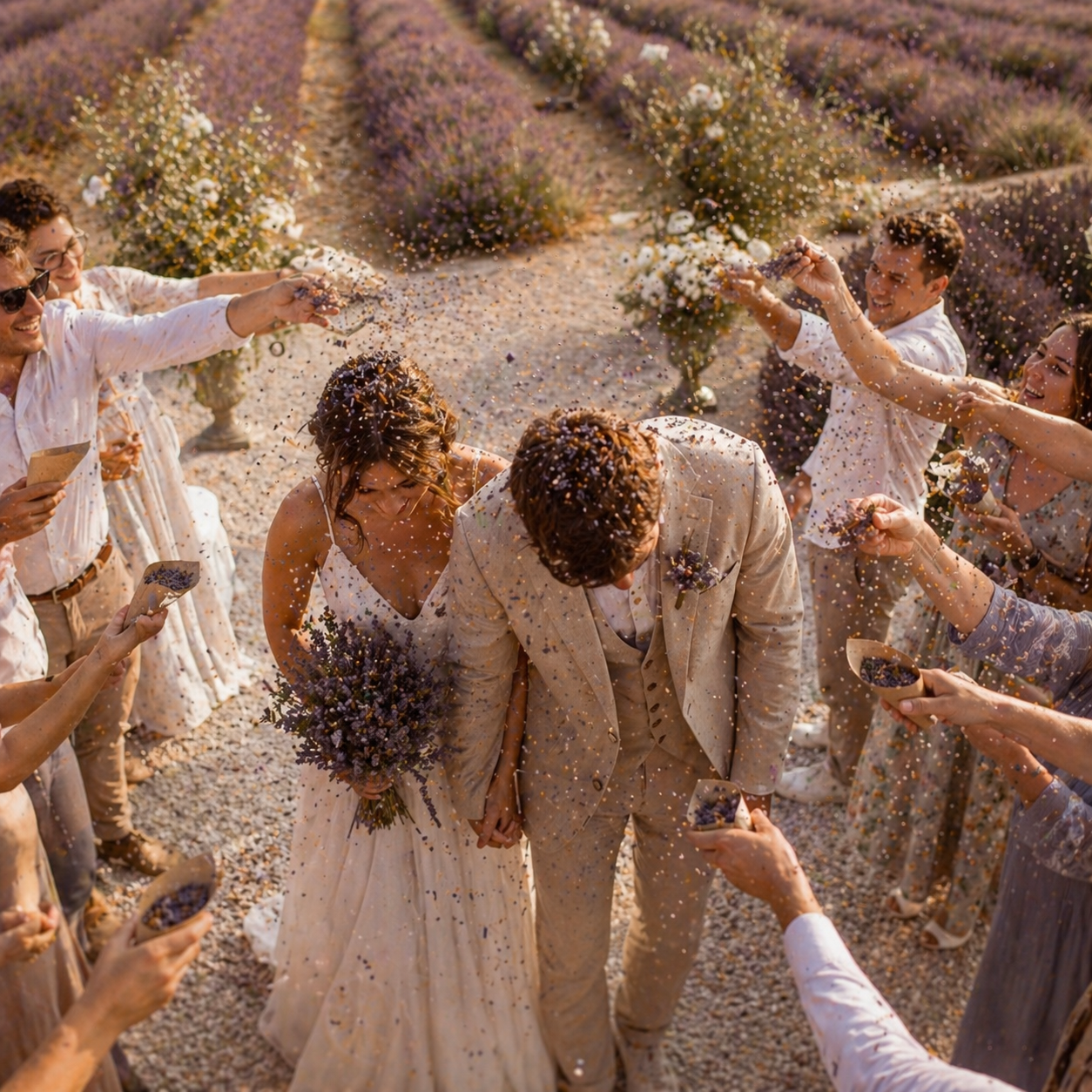 Confettis Mariage Lavande Pure The Originea — Cône en kraft rempli d'épis de lavande AOP Provence attaché avec ruban argenté, décoration mariage naturelle et biodégradable