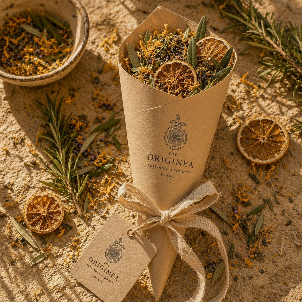 Confettis Mariage Méditerranéens The Originea — Cône en kraft rempli de confettis naturels feuilles d'olivier, calendula doré et agrumes séchés, romarin et lumière provençale