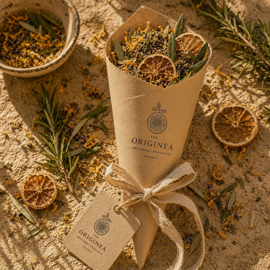 Confettis Mariage Méditerranéens The Originea — Cône en kraft rempli de confettis naturels feuilles d'olivier, calendula doré et agrumes séchés, romarin et lumière provençale