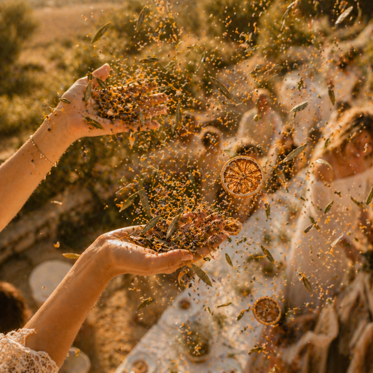 Confettis Mariage Méditerranéens The Originea — Mains lançant des confettis naturels méditerranéens lors d'une cérémonie en plein air, bokeh doré, Provence
