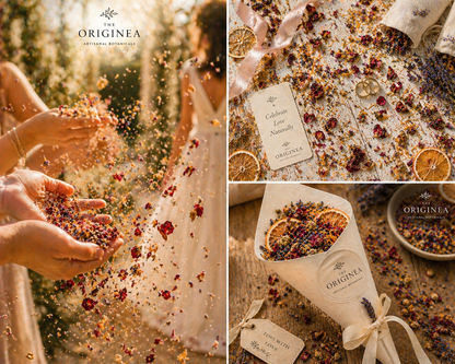 Confettis Mariage Naturels The Originea — Détail gros plan mélange artisanal pétales de rose séchés, lavande, calendula et tranches d'agrumes, 100% naturel et biodégradable