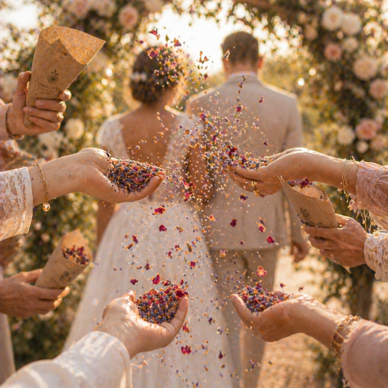 Confettis Mariage Provence Lavande AOP & Pétales de Rose Séchés — Cône Cérémonie The Originea