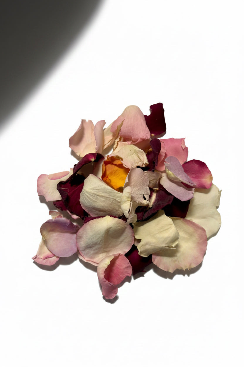 Pétales de rose séchés multicolores en vrac sur marbre blanc | The Originea
