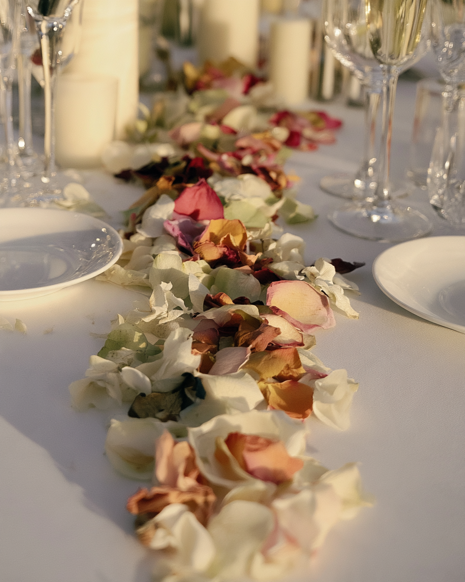 Chemin de table de pétales de rose et hortensia entre les assiettes, décoration mariage | The Originea