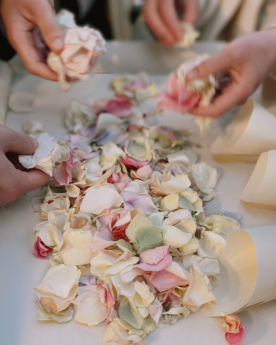 Invités remplissant des cônes de confettis pétales rose et hortensia sur une table | The Originea