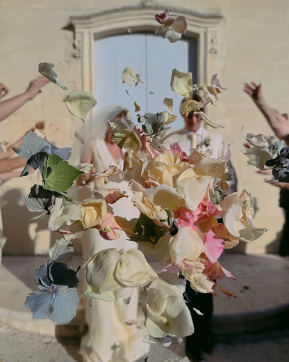 Lancer de pétales rose et hortensia devant une porte provençale, sortie de cérémonie | The Originea