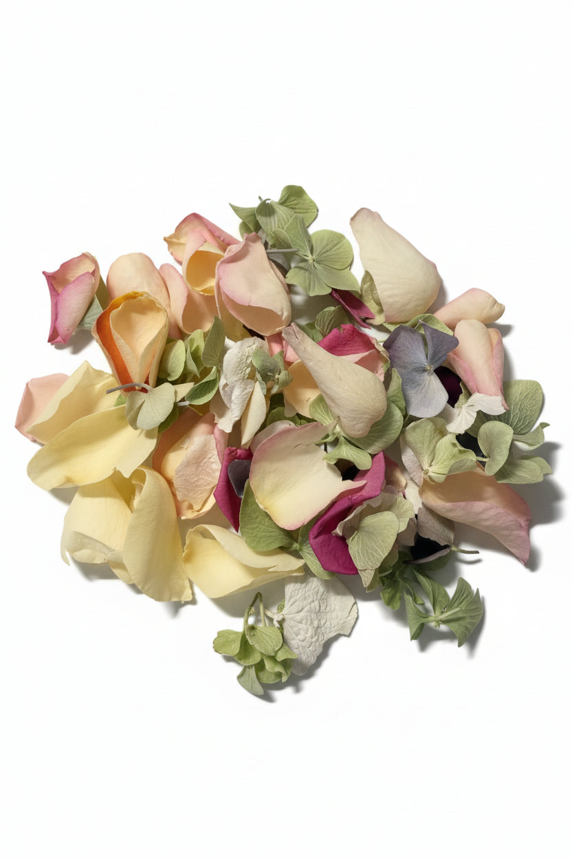 Pétales de rose crème, pêche et rose mêlés à l'hortensia vert, bleu et blanc, confettis lyophilisés | The Originea