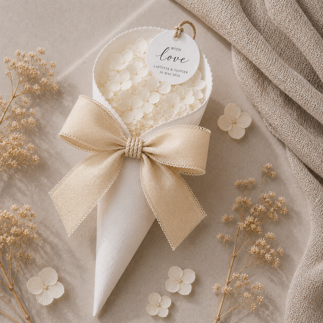 Cornet simple confettis mariage ruban champagne personnalisé — The Originea Provence