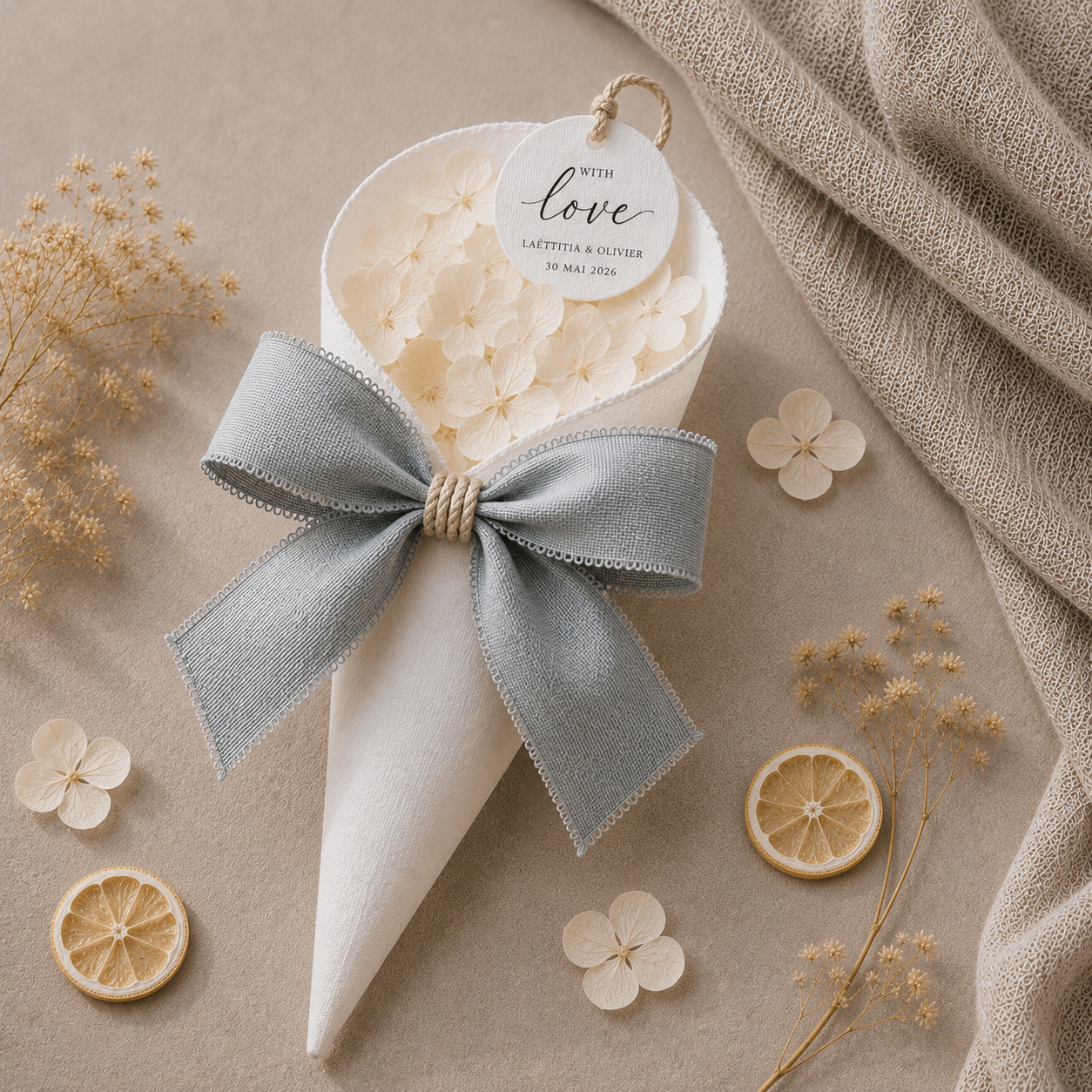 Cornet simple confettis mariage ruban gris bleu personnalisé — The Originea Provence