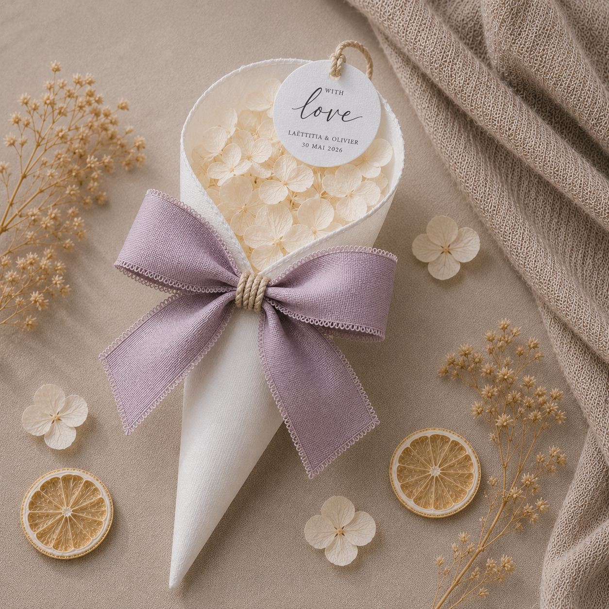 Cornet simple confettis mariage ruban mauve personnalisé — The Originea Provence