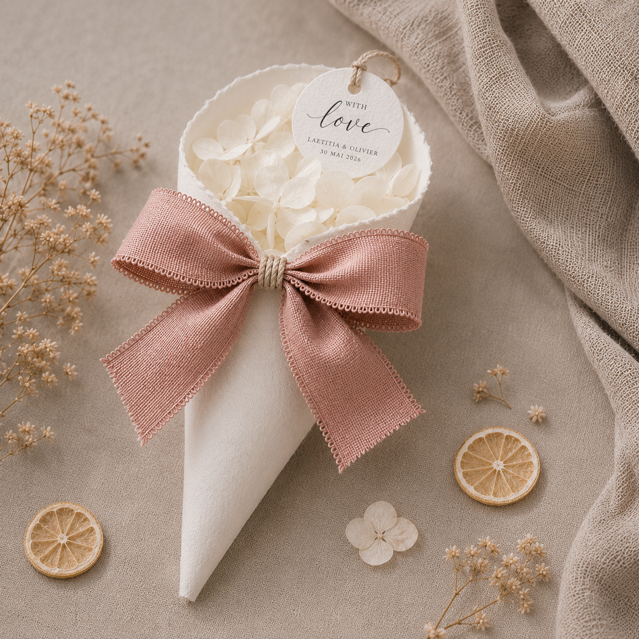 Cornet simple confettis mariage ruban rose poudré personnalisé — The Originea Provence