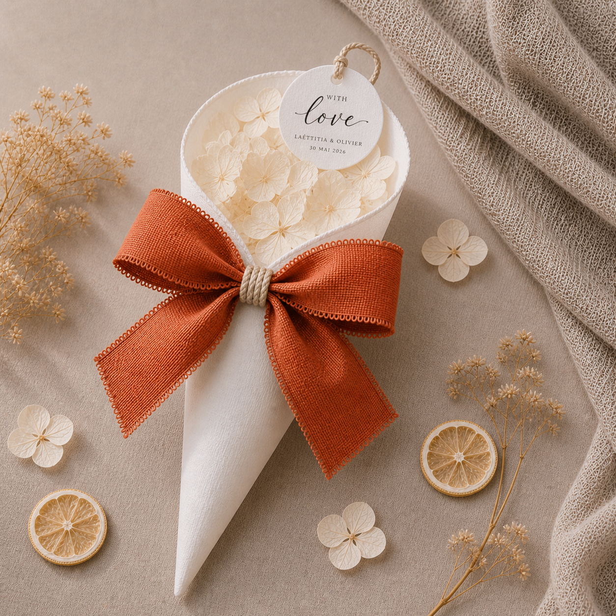 Cornet simple confettis mariage ruban terracotta personnalisé — The Originea Provence