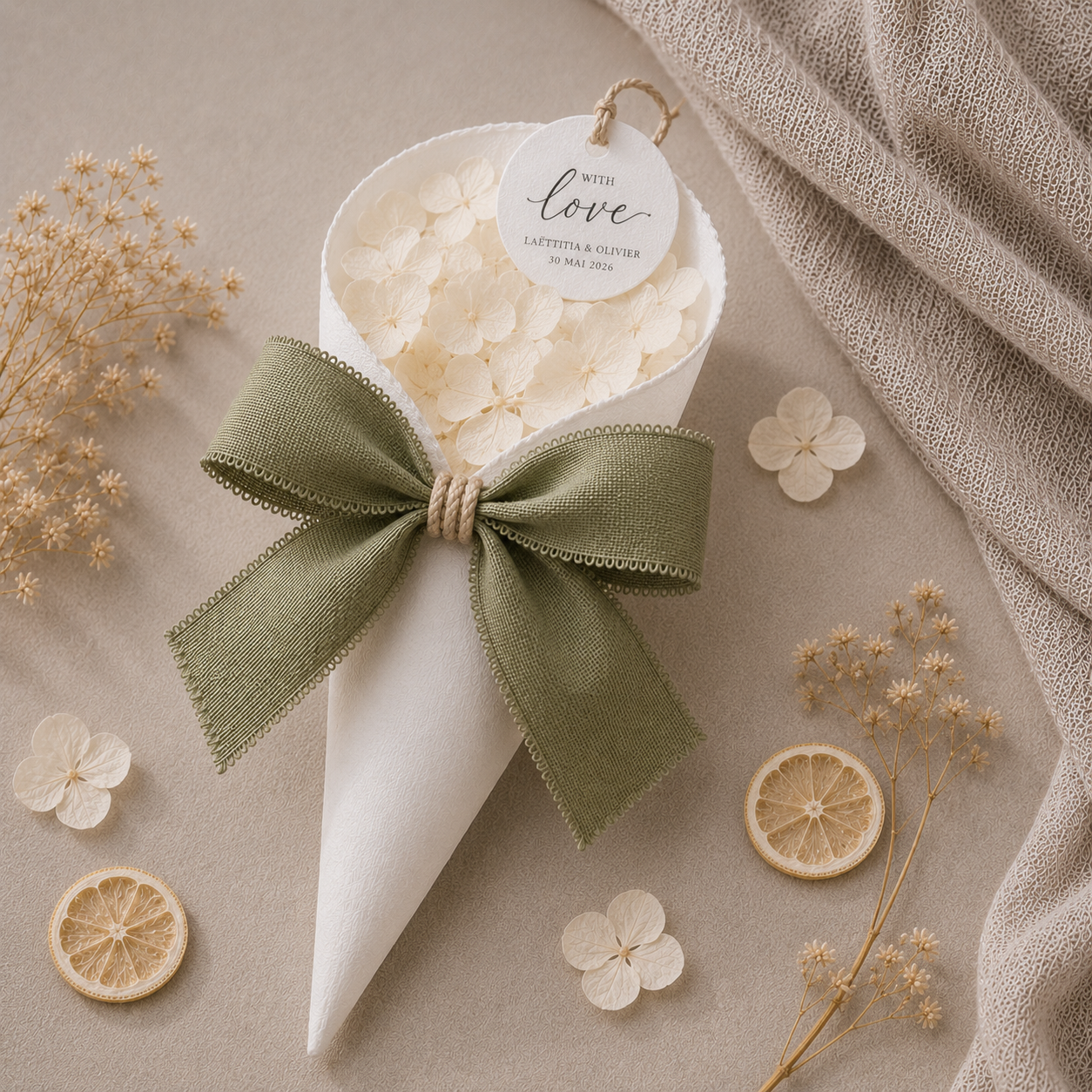 Cornet simple confettis mariage ruban vert sauge personnalisé — The Originea Provence