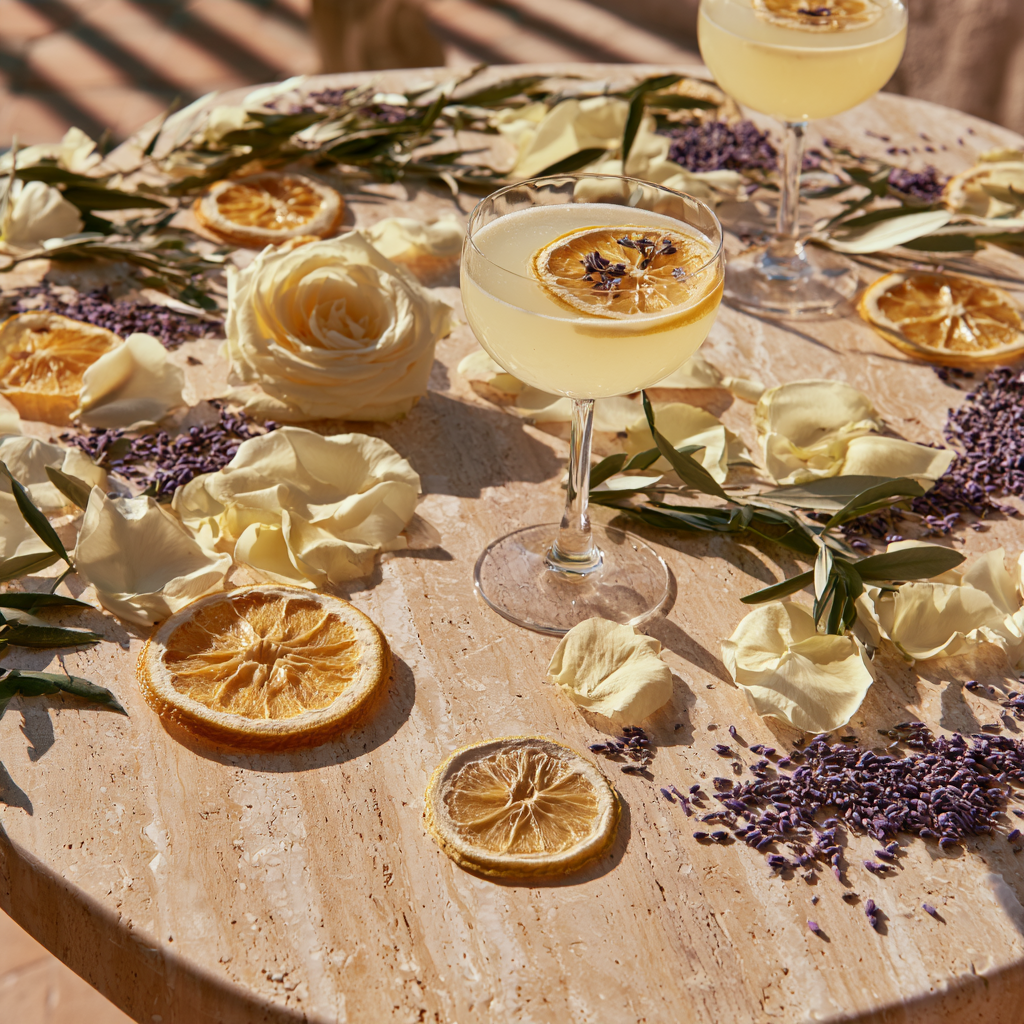 Coupe de champagne avec citron de Sicile séché et lavande — décoration mariage dolce vita | The Originea