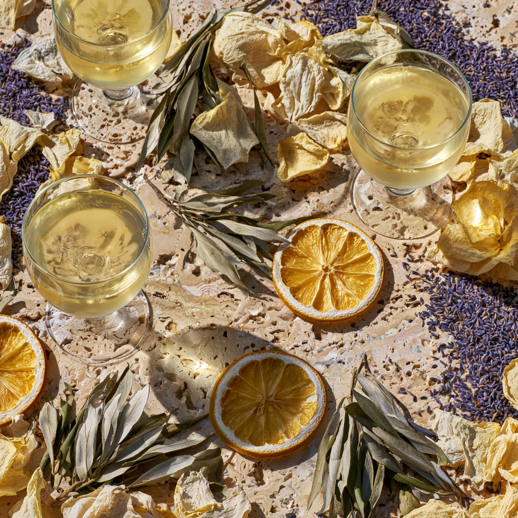 Coupes de vin avec citrons séchés, lavande, olivier et rose — aperitivo mariage méditerranéen | The Originea