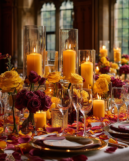 Décoration mariage automne — bougies, roses jaunes et pétales orange au sol | The Originea