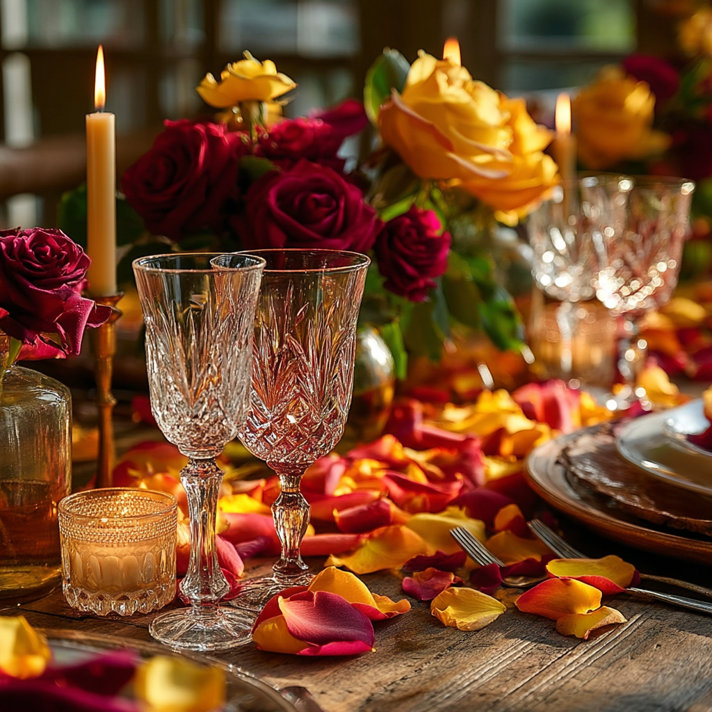 Décoration de table mariage avec pétales de rose orange et jaune | The Originea